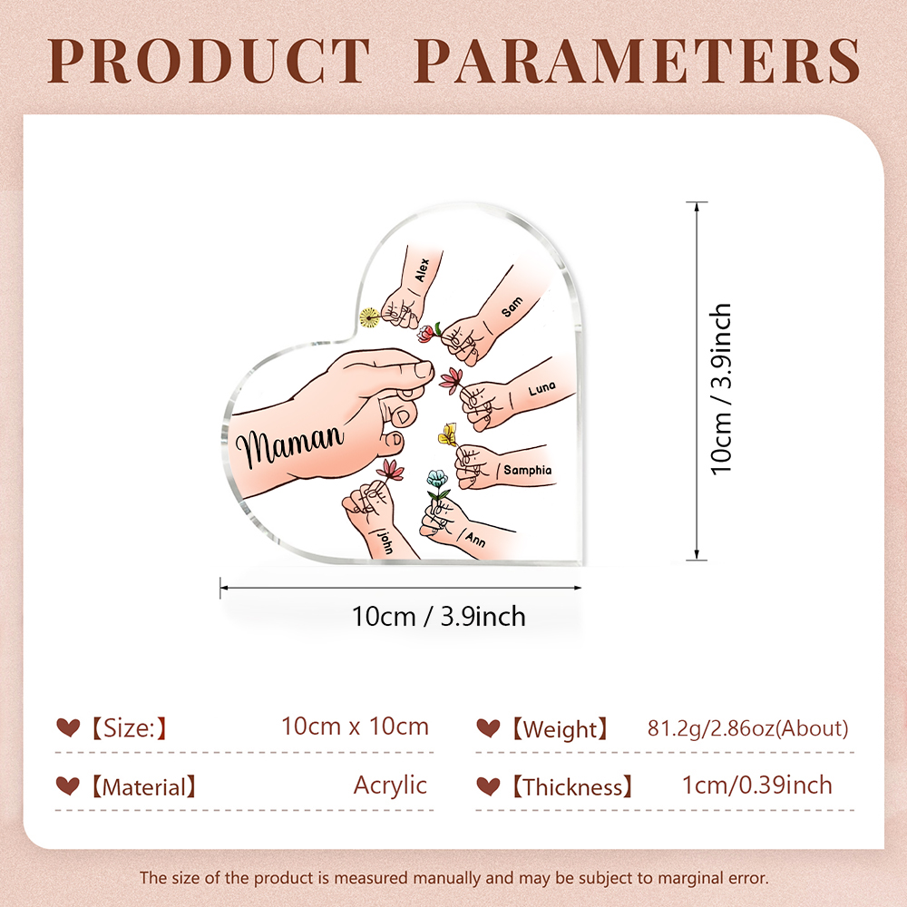 À ma Maman/Mamie - Plaque Acrylique Mains et Enfants en Forme de Cœur 7 Prénoms Personnalisés