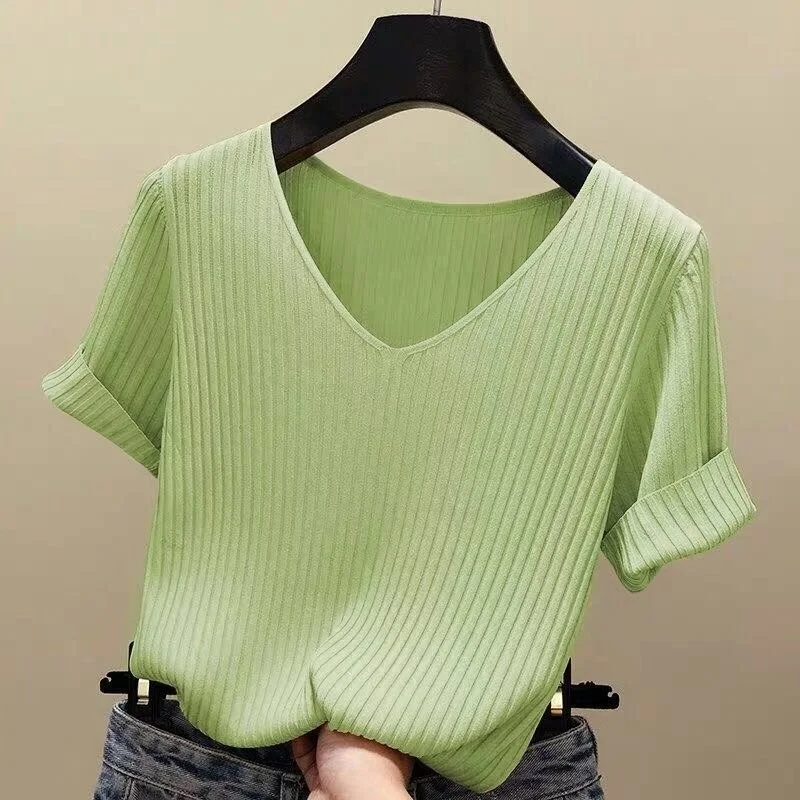 Knitted Short Sleeve Blouse Women Tops 2021 Solid Korea Summer Shirt Thin V-neck Knit Female Tee Shirt Dames Gebreid Shirt 13783