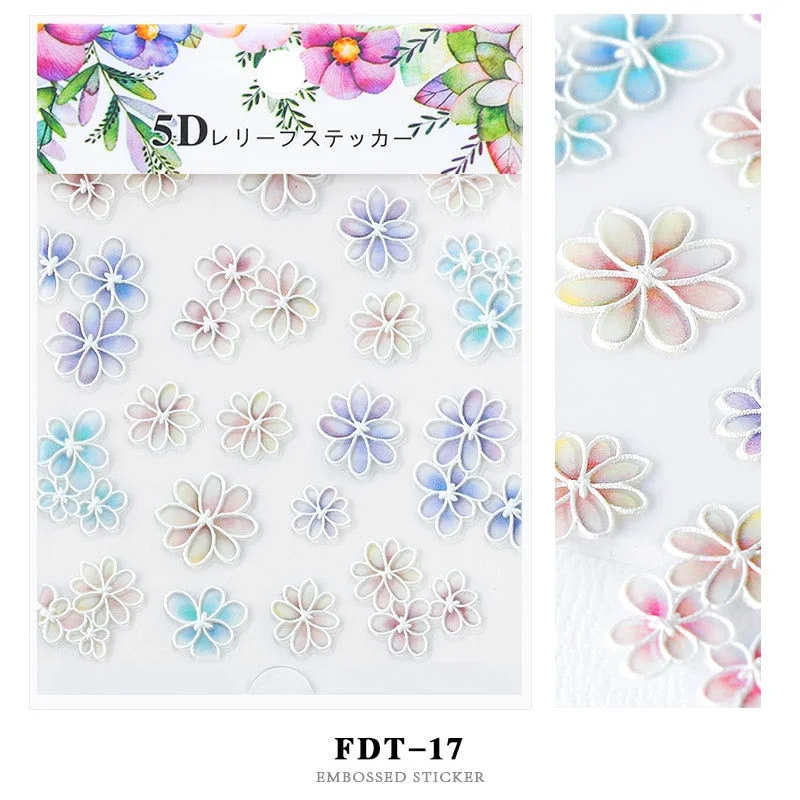 Nail Stickers Embossed 5D Flowers Leafs Designs Back Glue Nail Decals Decoration Tips For Beauty Salons-Nail Inspo