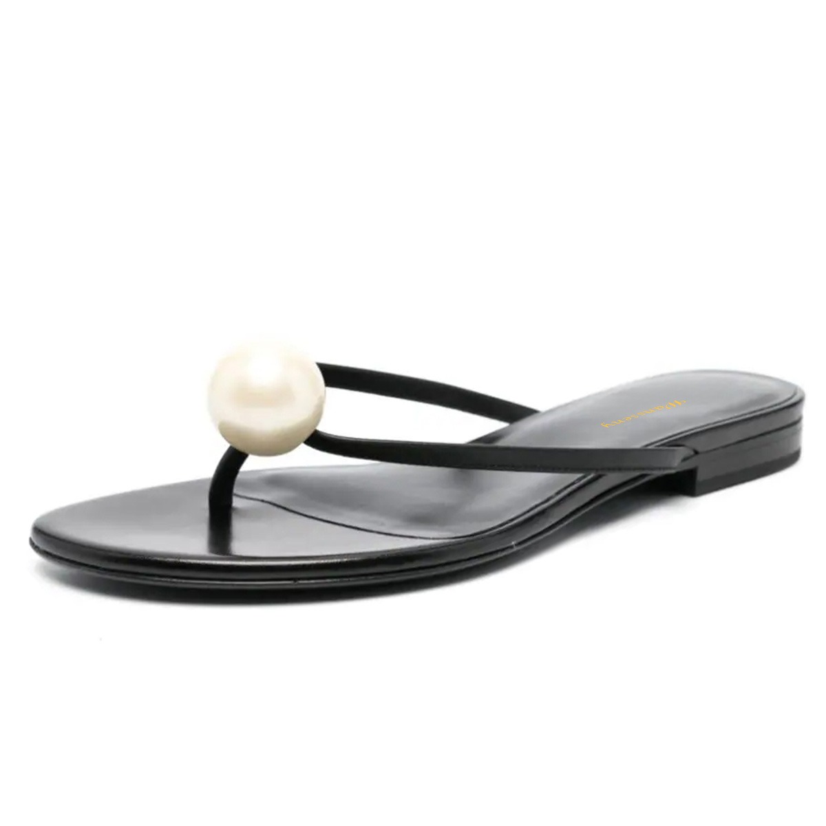 Black Round Toe Flat Flip Flop Slip On Summer Sandals with Pearl Nicepairs