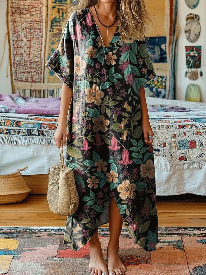 Women's Vintage Flower Art Print V-Neck Cotton Short Sleeve Dress