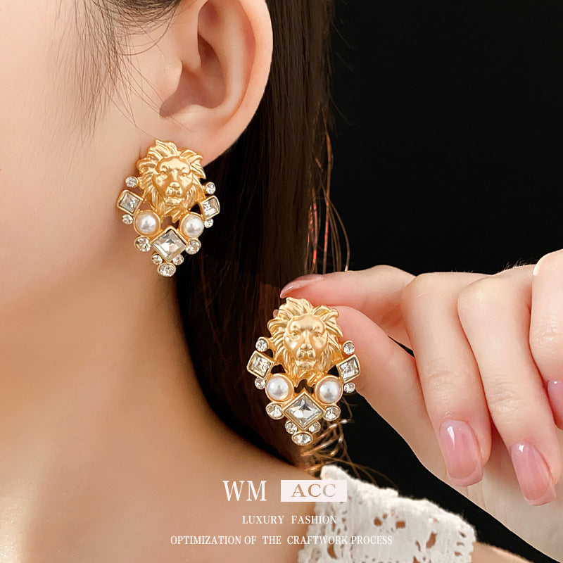 Luxurious Zodiac Sign Rhombus Geometric Chinese Zodiac Animal Artificial Pearl Diamond Inlay Earrings