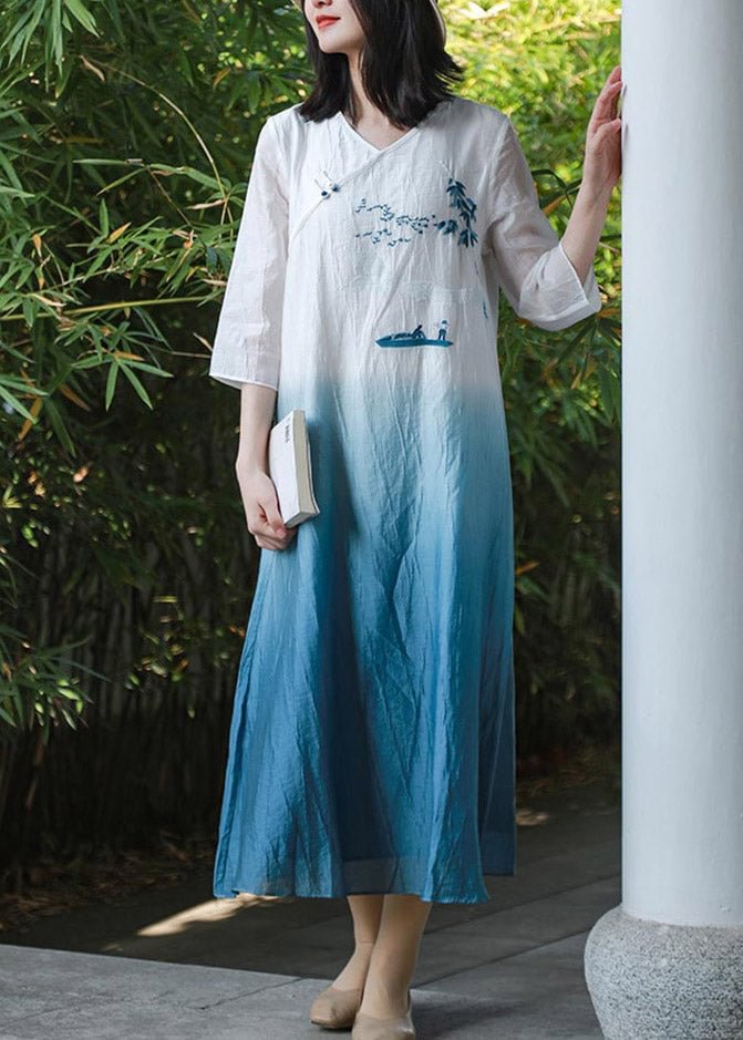 Retro Blue White Gradient Color V Neck Embroideried Long Dress