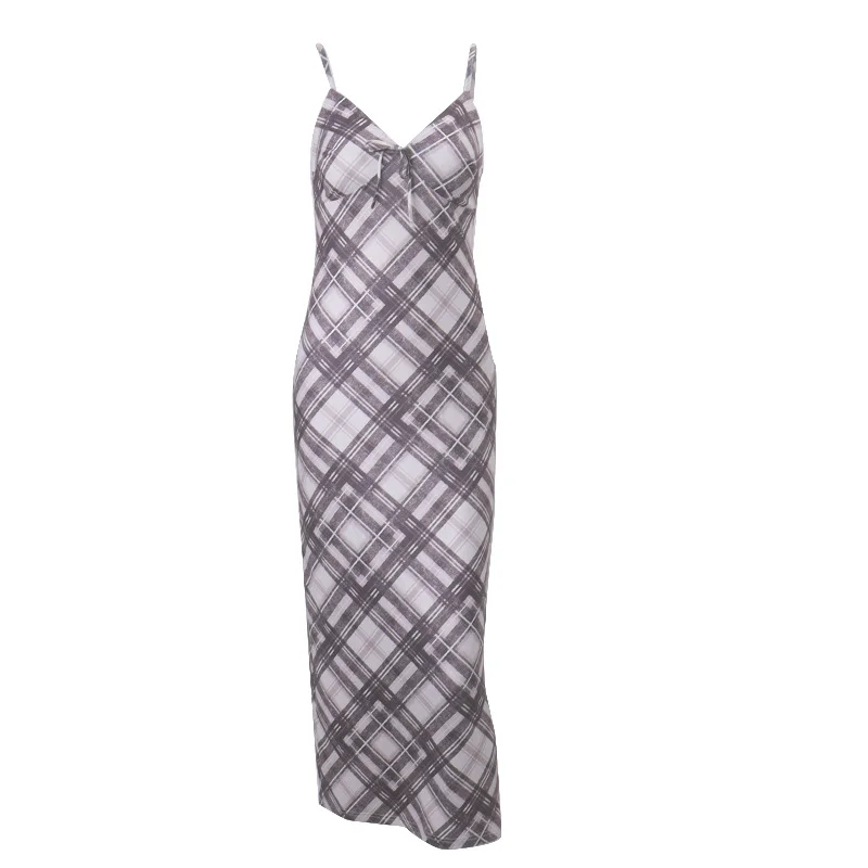 Brownm Brownm Explosive Products Fashion Retro Plaid Hot Girl Low Chest Sexy Temperament Slim Condole Belt Dress