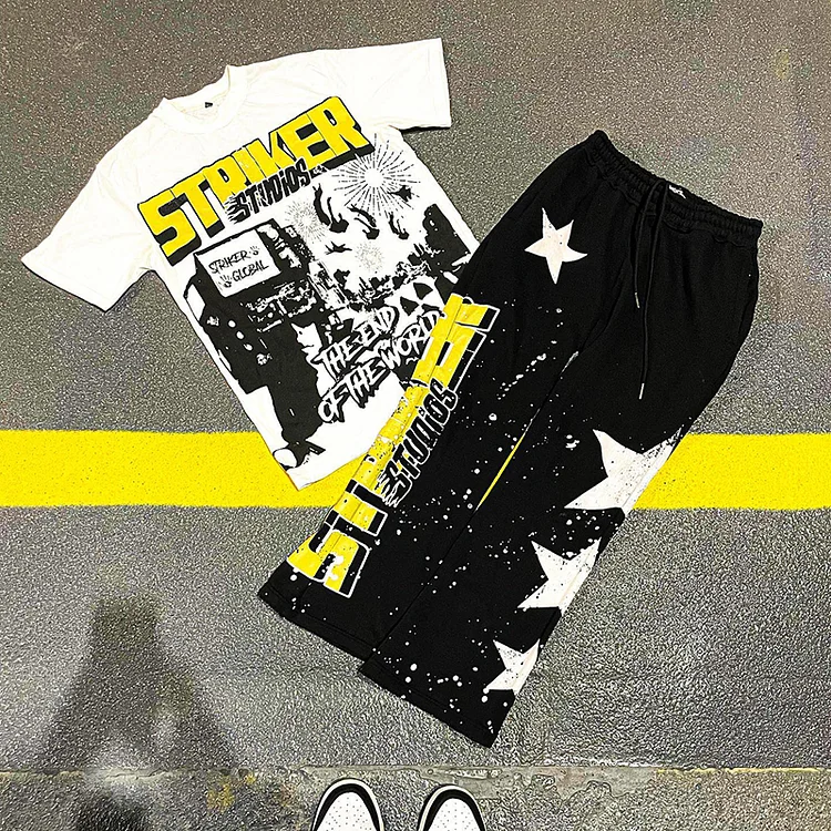 Retro Street Graffiti T-Shirt & Flared Trousers Two Piece Set