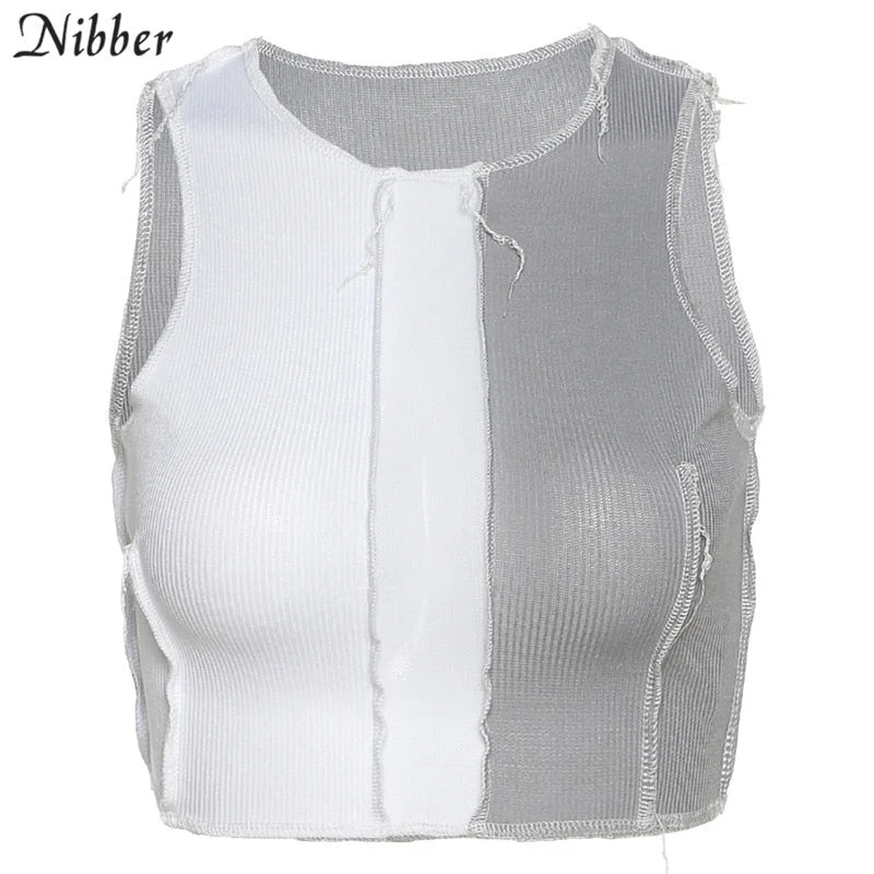 Nibber sleeveless see-through sexy crop top women mesh Patchwork design tank tops Punk style street casual wear wild vest female