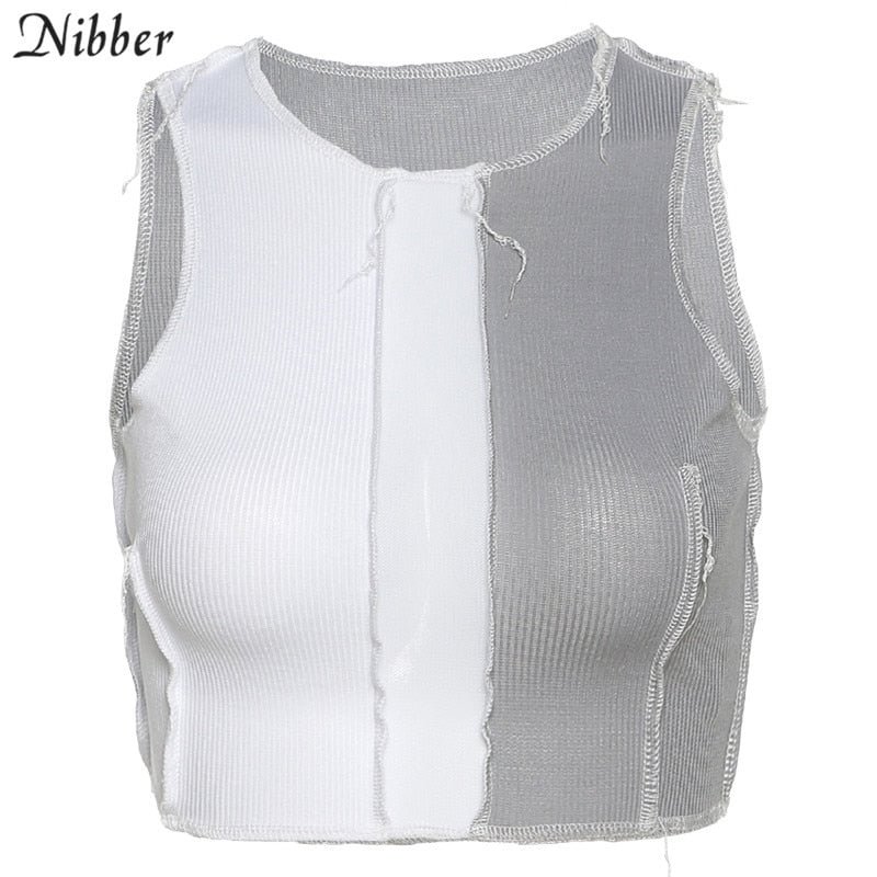 Nibber sleeveless see-through sexy crop top women mesh Patchwork design tank tops Punk style street casual wear wild vest female