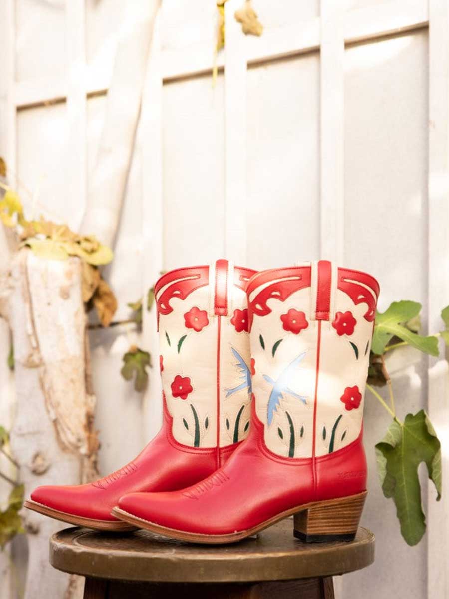 Red Vegan Leather Colorful Floral Patch-Work Wide-Calf Cowgirl Boots