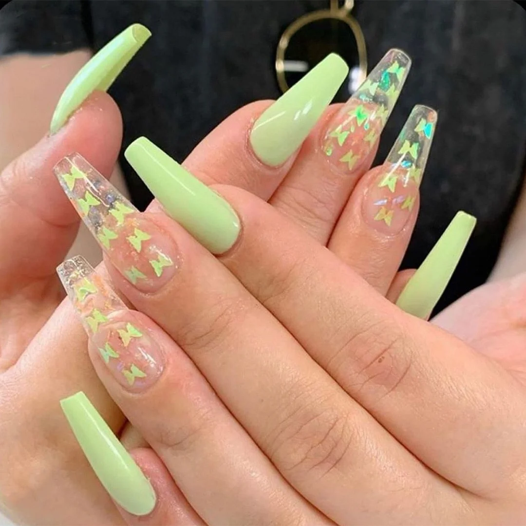 24pc Light Green Butterfly Fake Nails Long Ballerina Coffin False Nail Tip Full cover Fake Nails Glue DIY Manicure Nail Art Tool