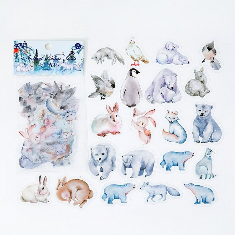 JOURNALSAY 40 Sheets PET White Ink Sticker Pack Cute Animal Watercolor Journal Decoration
