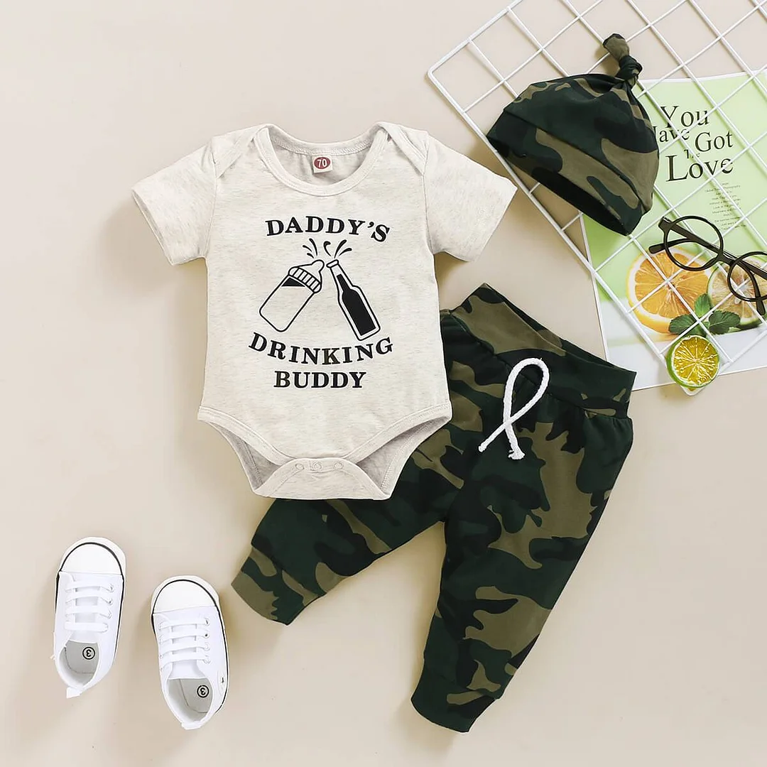 3PCS "Daddy's Drinking Buddy" Camouflage Printed Baby Set