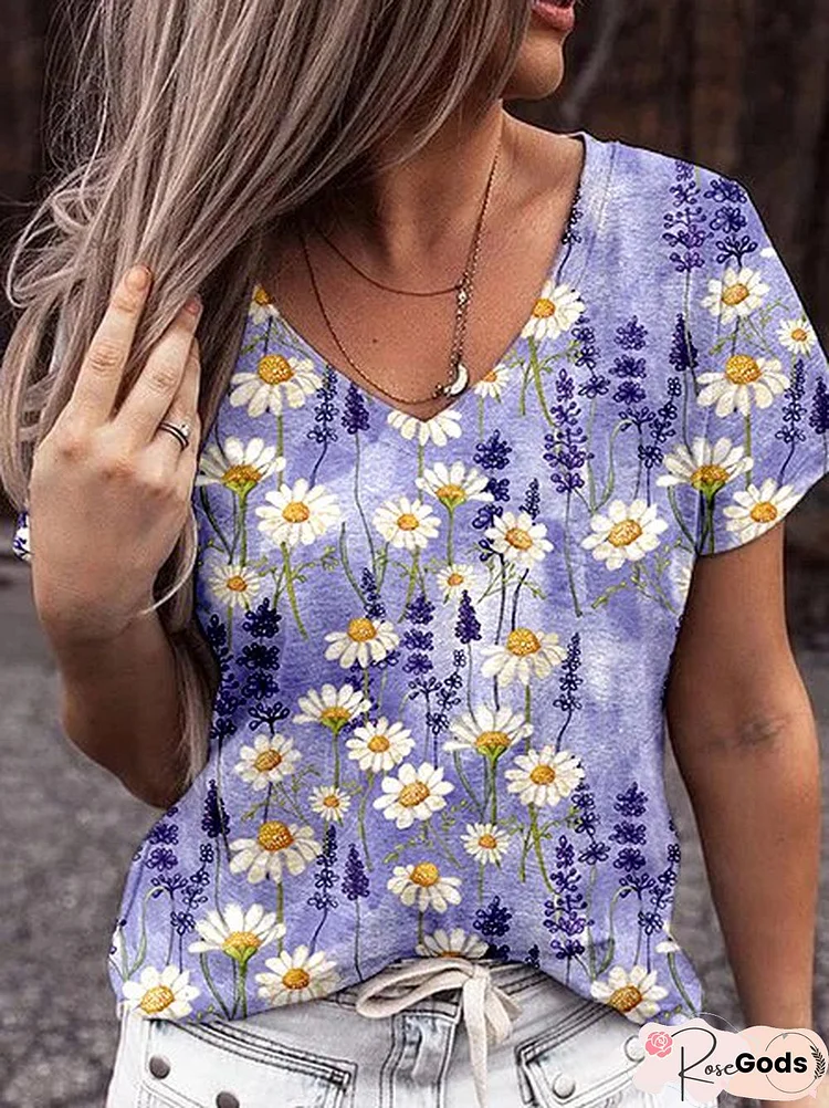 Casual Floral V Neck T-Shirt