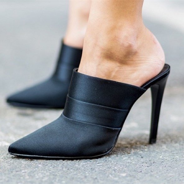 Trending Black Satin Mule Heels Pointy Toe Stiletto Heels US Size 3-15 |FSJ Shoes
