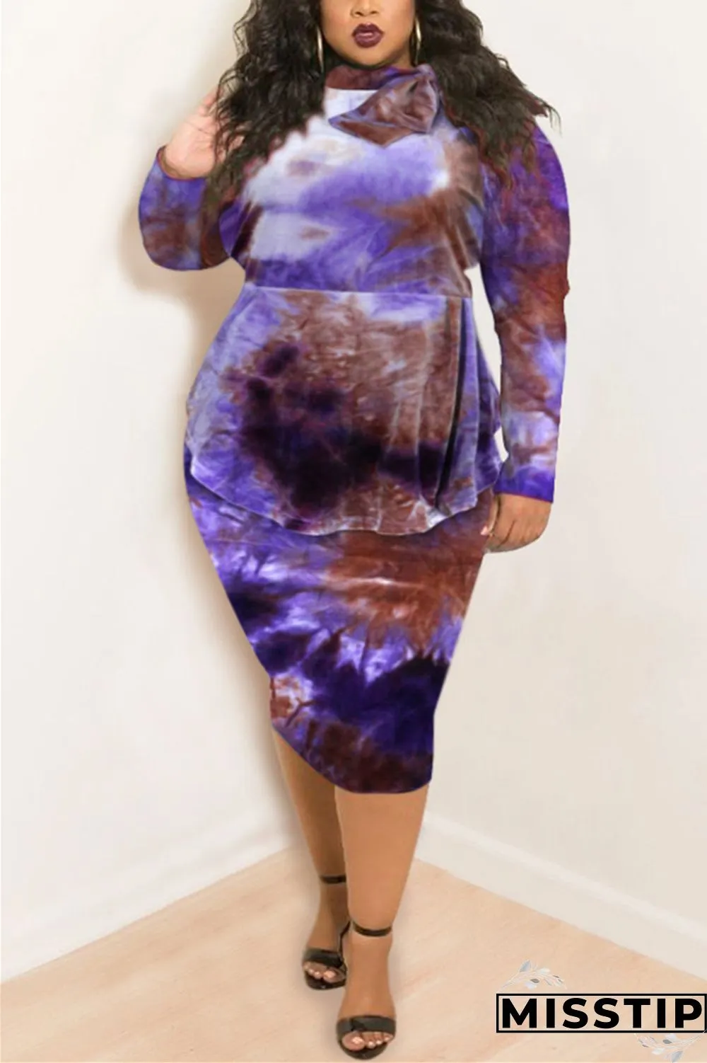 Purple Fashion Casual Plus Size O Neck Long Sleeve Regular Sleeve Print Tie Dye Printed Dress