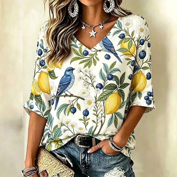 Women's White Base Lemon Blueberry Bird Print V Neck Blouse, Lightweight Linen 3/4 Sleeve Casual Top, Vintage Botanical Summer Holiday Shirt