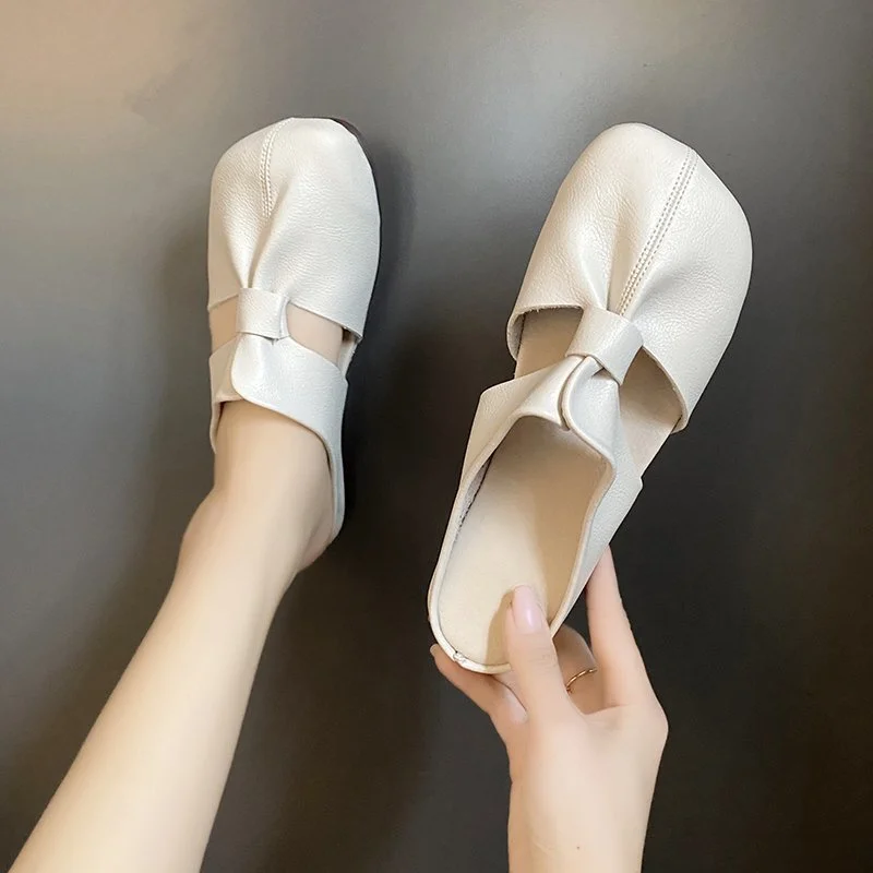 Spring and summer new leather slippers female simple soft bottom PU flat heel slippers hollow female sandals casual female shoes