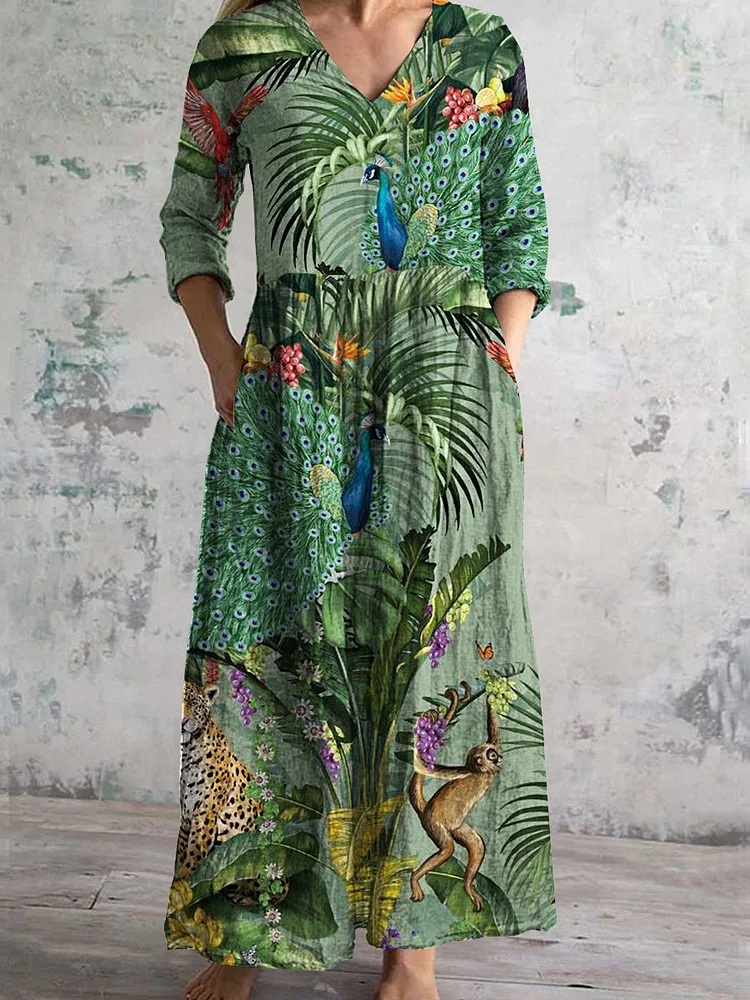 Women's Vintage V-Neck Animal Forest Pattern Long Sleeve Dress