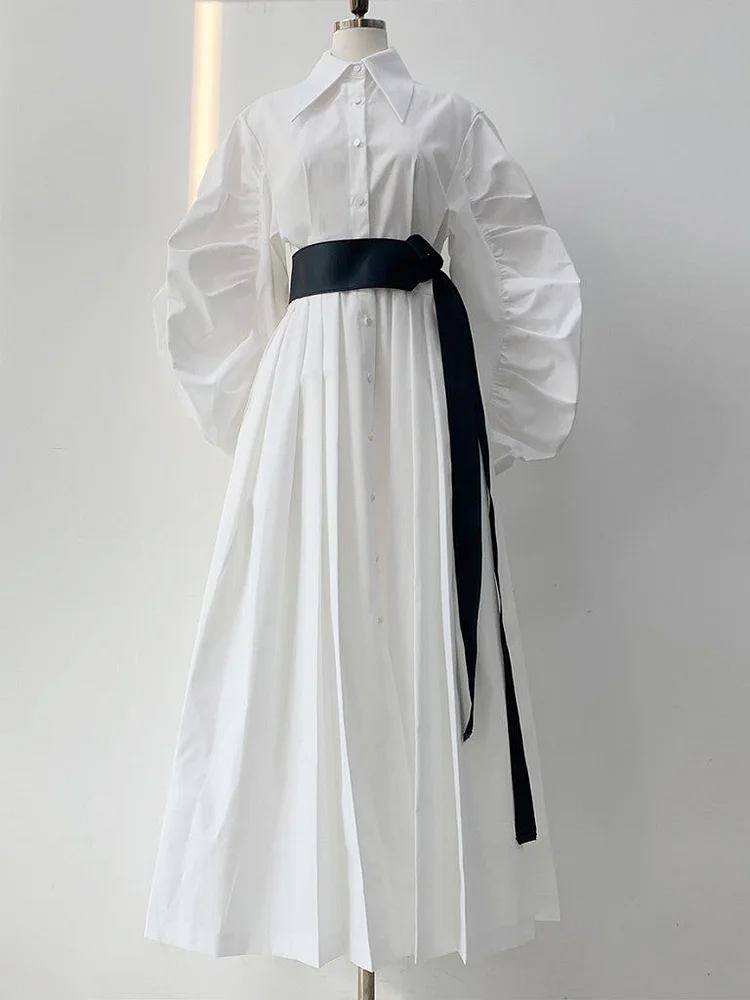 Nipped Waist Baller Sleeve Shirt Dress with Belt