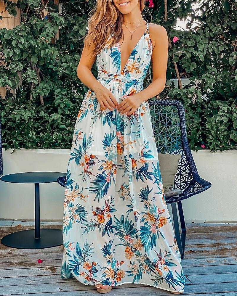 Sexy V-Neck Sling Print Resort Dress