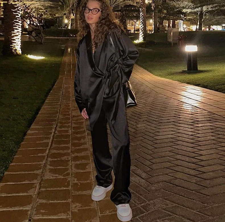 Uforever21 Fall Outfits  Fashion Black Satin Home Suits Elegant Loose High Waist Pants Set Casual Lace-Up Long Sleeve Top 2 Piece Sets Women 2023