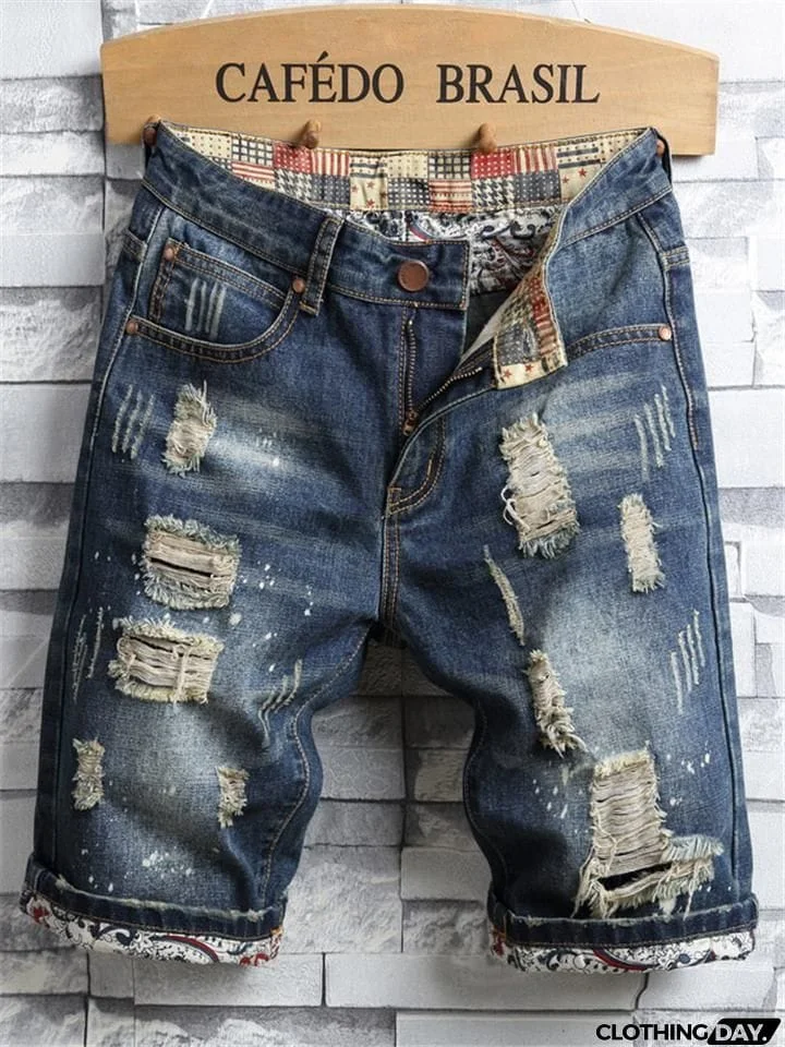 Men's Retro Style Ripped Patchwork Denim Shorts