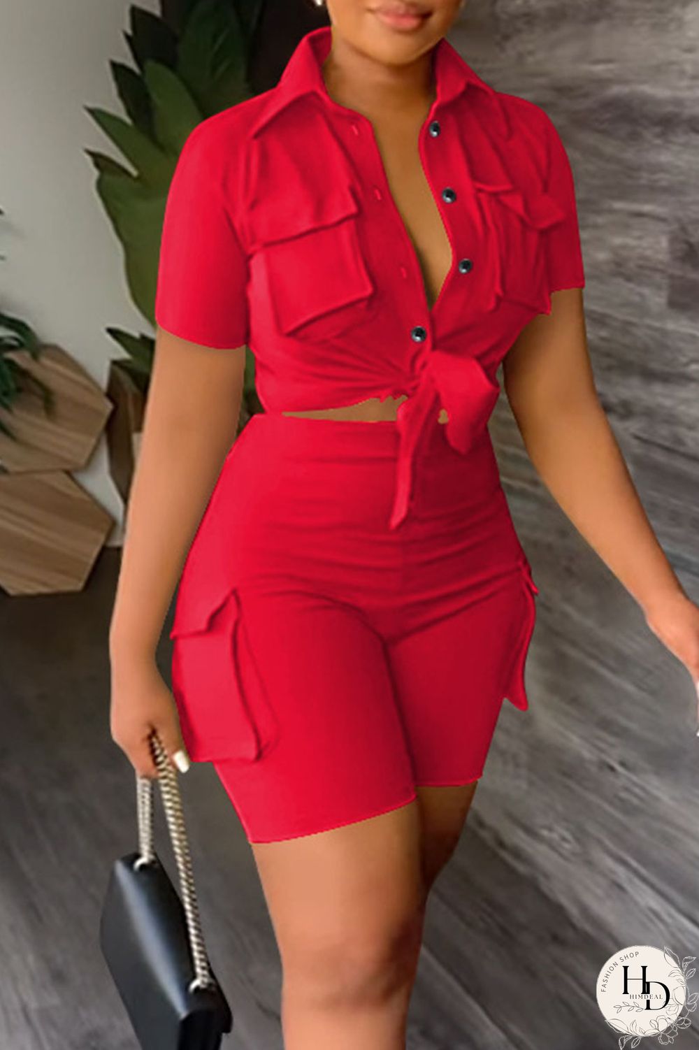 Khaki Casual Solid Bandage Patchwork Pocket Buckle Turndown Collar Short Sleeve Two Pieces