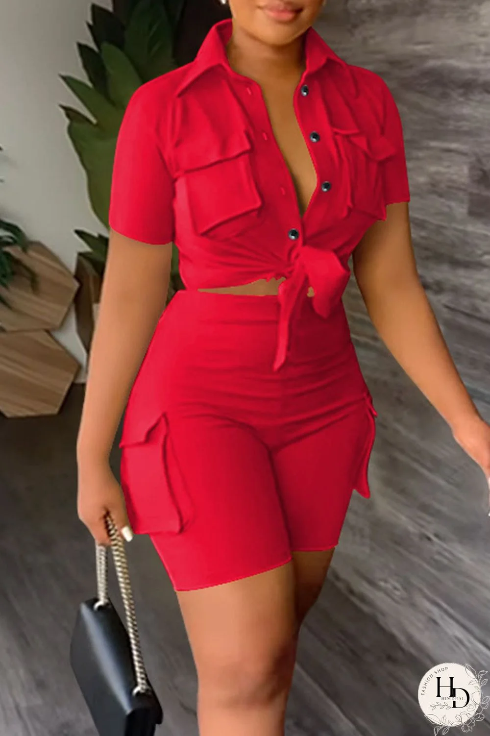 Khaki Casual Solid Bandage Patchwork Pocket Buckle Turndown Collar Short Sleeve Two Pieces