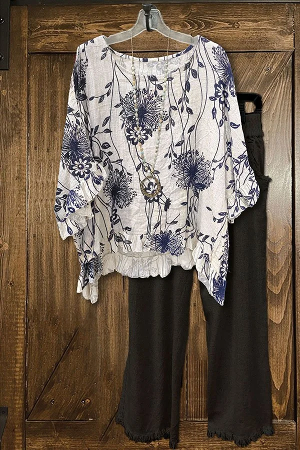 Loose Printed Ruffled Crinkled Blouse