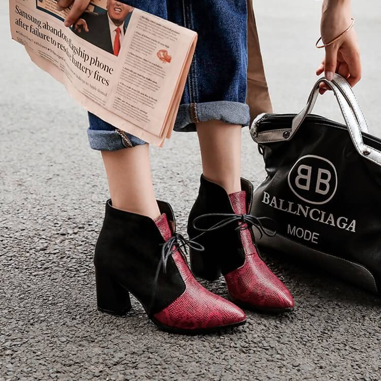 VCSHOES Leather Snakeskin Lace Up Chunky Heel Ankle Boots