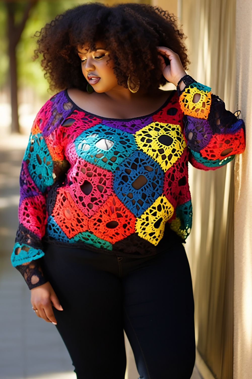 Design Plus Size Beach Casual Multicolor Geometric Round Neck Long Sleeve Cut Out Crochet Blouses [Pre-Order]