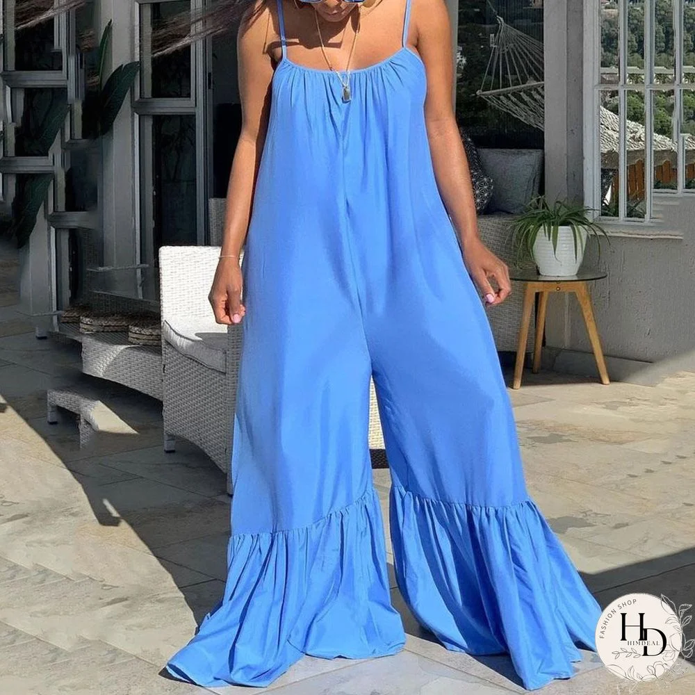 New Loose Jumpsuits & Rompers Women Spaghetti Strap Flare Pants Fashion High Street Wear Clothes Long Rompers & Overalls