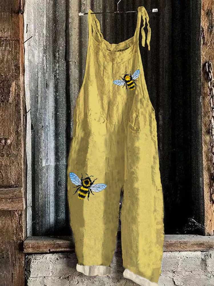 Comstylish Fringed Bee Cute Honeybee Insect Embroidery Linen Blend Jumpsuit