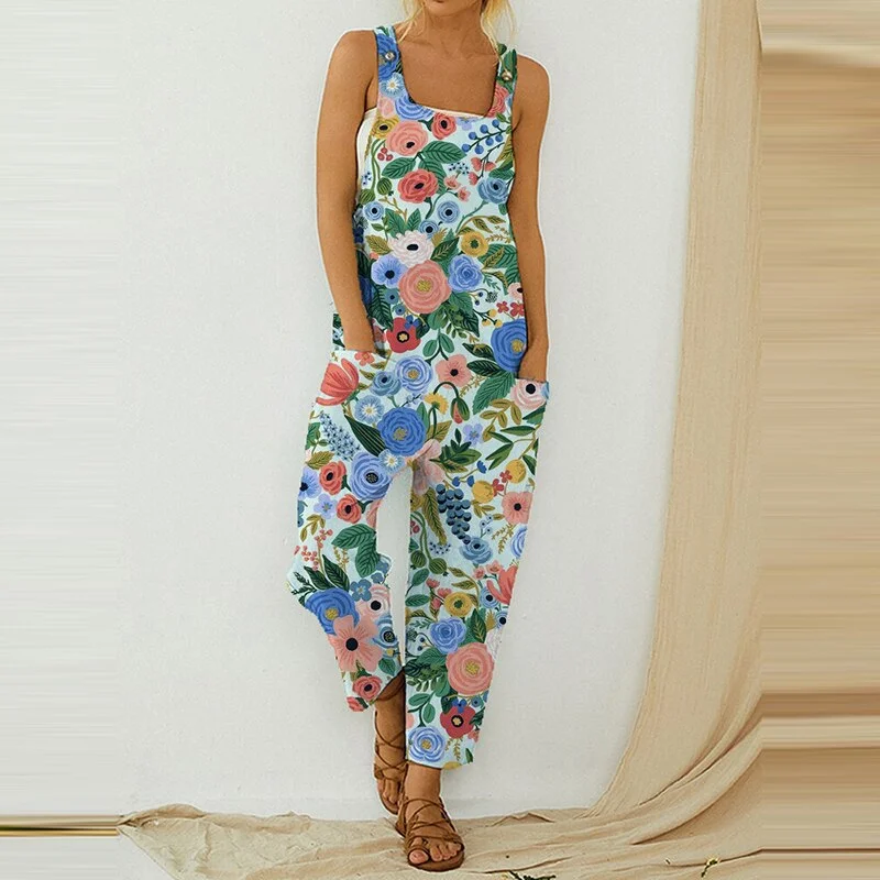 Summer Fashion Print U Neck Women Jumpsuit Casual Loose Sleeveless Vintage Pullover Streetwear Long Pants Elegant Party Jumpsuit