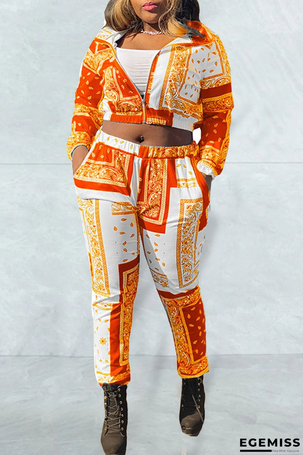 Tangerine Casual Print Patchwork Zipper Zipper Collar Long Sleeve Two Pieces | EGEMISS