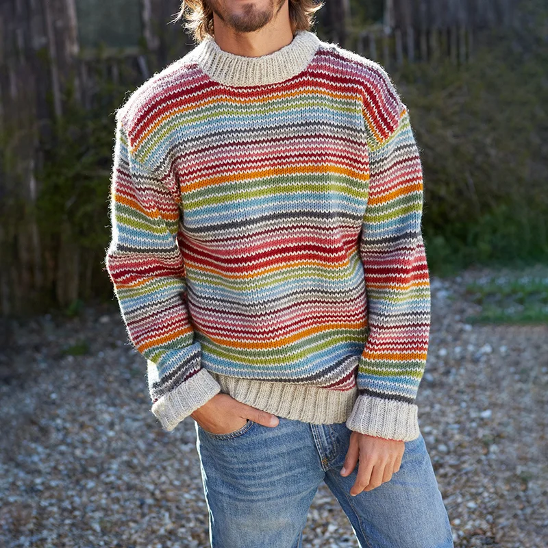 Vintage Rainbow Stripe Knit Jacquard Crew Neck Sweater