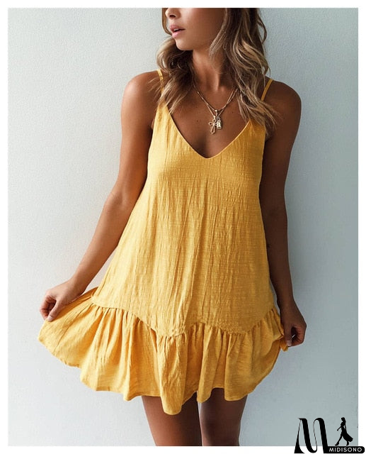 MidiSono - Loose Summer Dress Cotton Sexy White Halter V-neck Ruffled Women Casual Spaghetti Strap Mini beach clothes for women