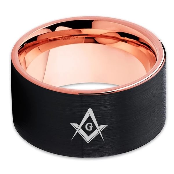 4mm 6mm 8mm 10mm 12mm 14mm Women's or Men's Tungsten Carbide Masonic Wedding Band - Black And Rose Gold Tungsten Pipe Cut Rings Comfort fit- Masonic Wedding Ring - Brush Polish