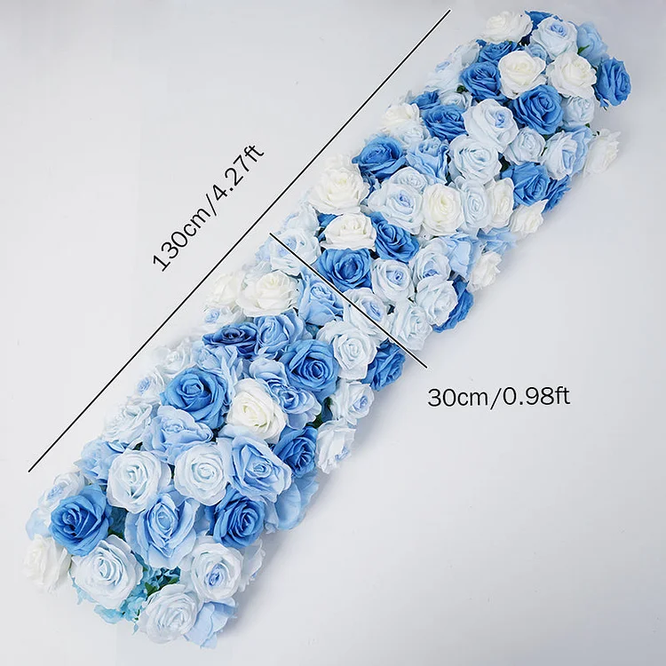 A7754 White roses dark blue floral arrangement Wedding table run floral row decorated