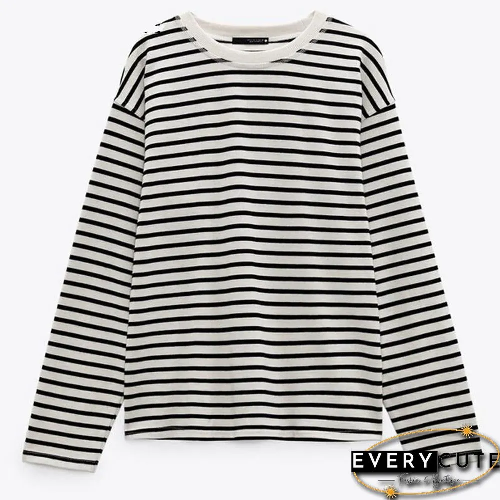 New Women Classic Striped Tees Tops For Spring Autumn Lady Cotton Long Sleeve Causal Loose