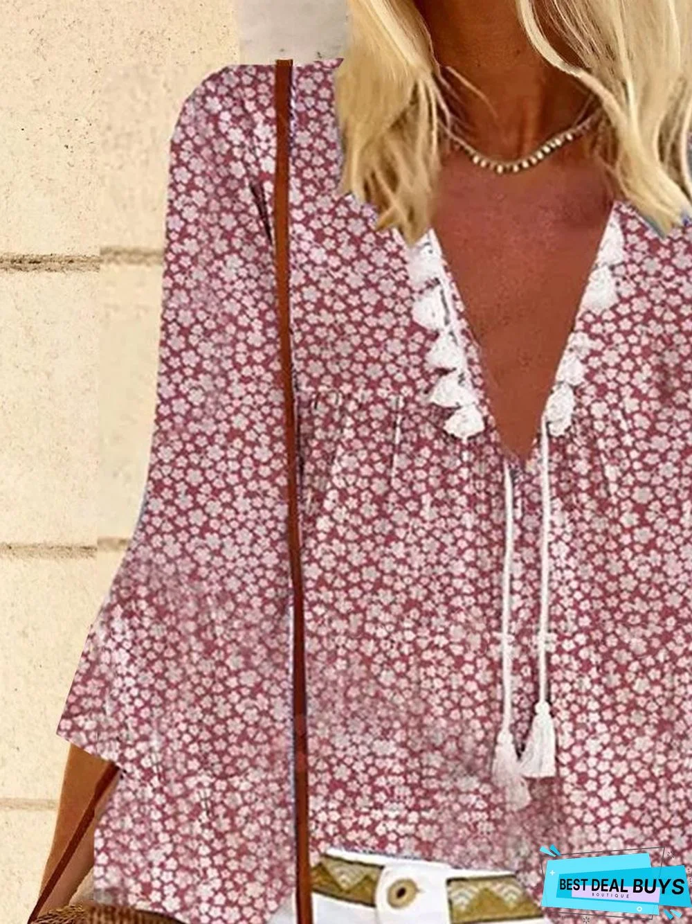 Boho 3/4 Sleeve Cotton V Neck Top