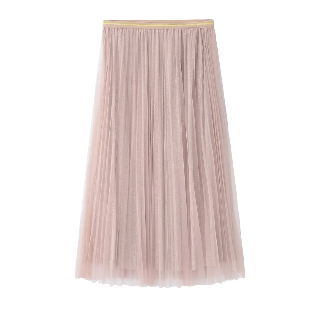 Women Summer Lace Pleated Skirt OL Ladies Fashion Elastic Waist Knee Length Solid Casual Long Swing Skirt Hot