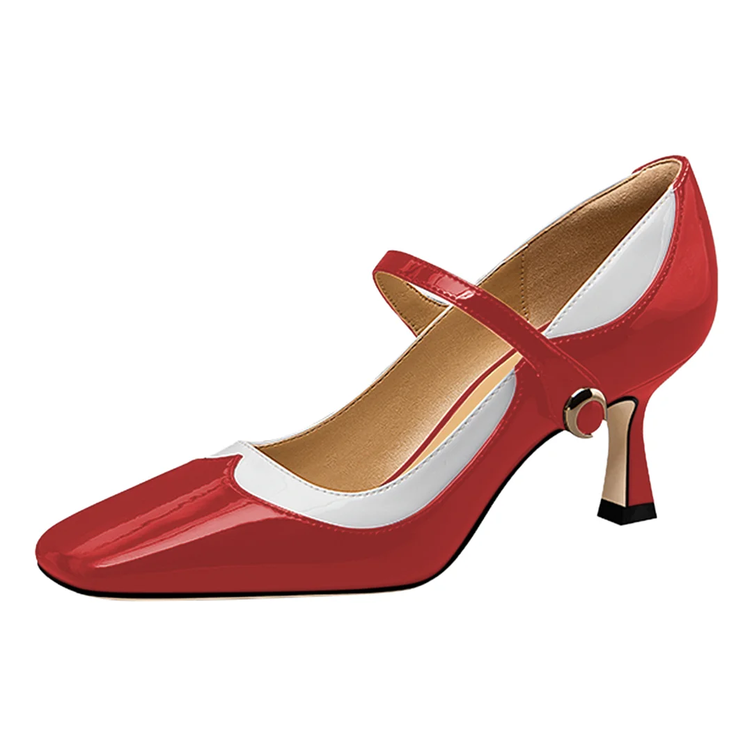 Red & White Patent Leather Square Toe Mary Jane Pumps with Buckle