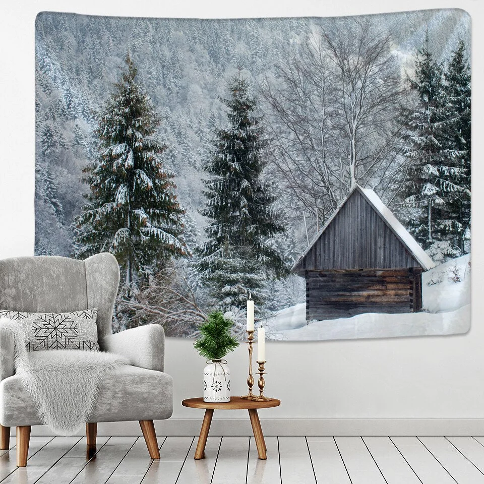 Xmas Tapestry Home Wall Hanging Polyester Snow Scene Christmas Tree Pattern Blanket Home Decoration Gift