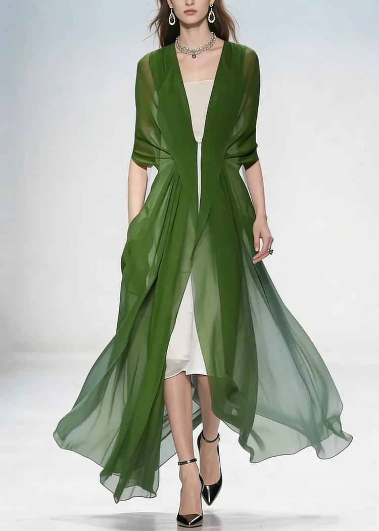 Italian Elegant Green Silk Dress Long Sleeves Summer