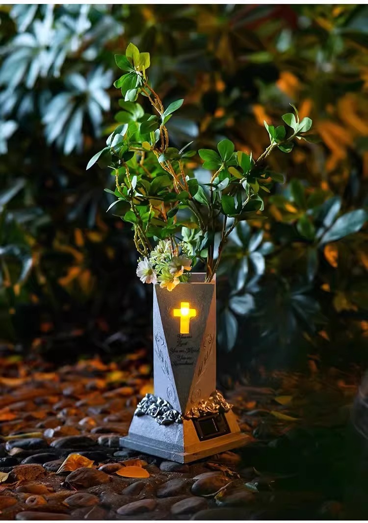 Honor the memory of your beloved companion with our Solar Pet Memorial Vase with Light&mdash;a unique combination of practical flower vase and glowing memorial tribute. Crafted from durable, weather-resistant resin with a beautiful stone-like finish, this versatile piece features an integrated solar-powered LED light that automatically illuminates at dusk, casting a gentle glow through the vase design . Fully customizable with laser engraving, you can personalize it with your pet's name, dates, and a heartfelt message. Perfect as a dog memorial vase or cat memorial vase for garden placement, patio decoration, or indoor display. Whether holding fresh flowers or standing alone as a luminous tribute, this solar memorial brings comfort and beauty to any remembrance space .