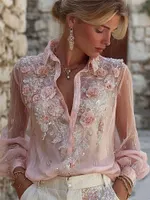 Boho Pink Roses Glitter Embroidered Flowy Linen Blouse
