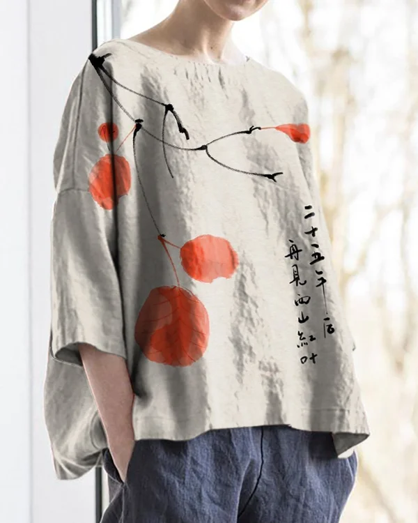 Japanese Art Print Round Neck Cotton and Linen Loose Top