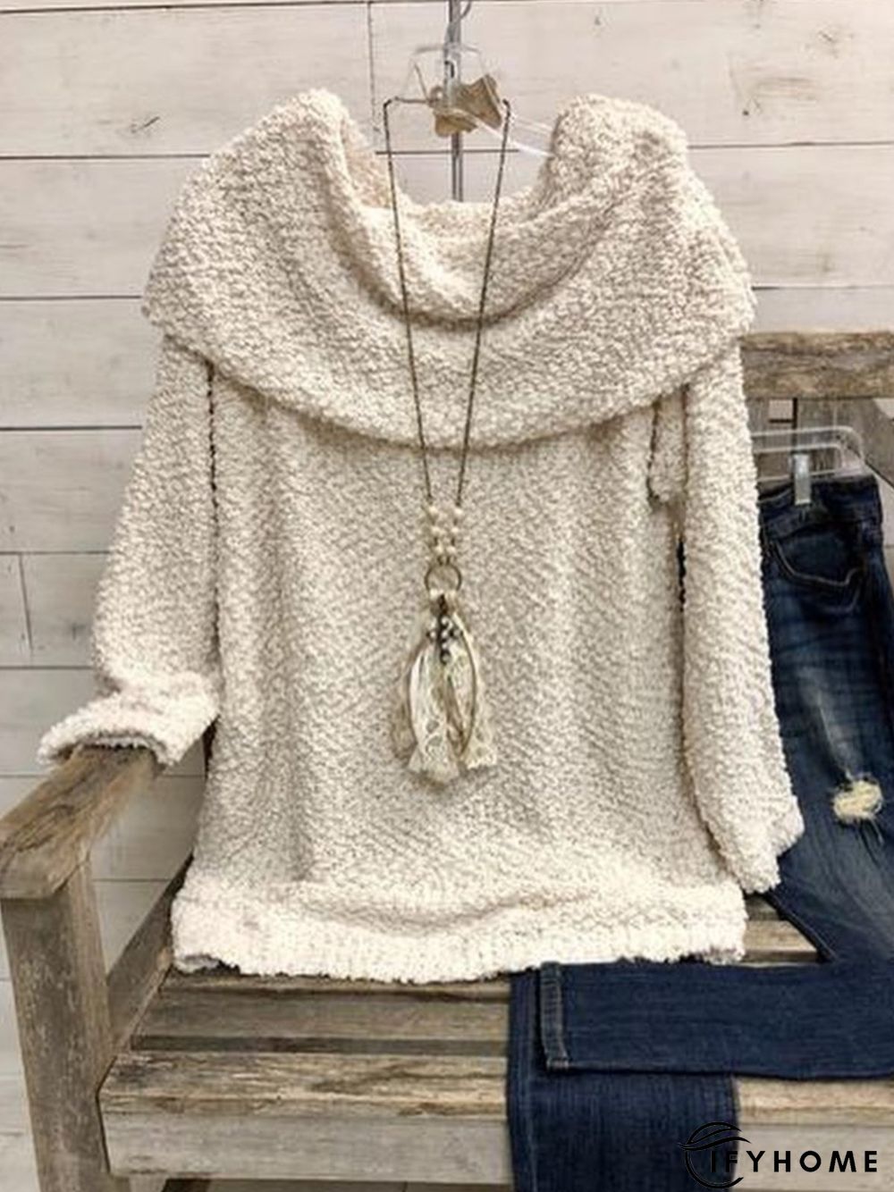 Casual Long Sleeve Cotton-Blend Solid Sweater | IFYHOME