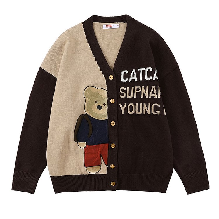 Cartoon Bear Letter Colorblock Cardigan Sweater - Modakawa Modakawa
