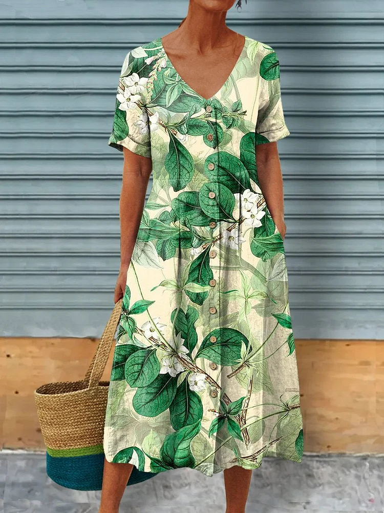 White Gardenia Pattern Printed Women's Linen Pocket Tunic Dress